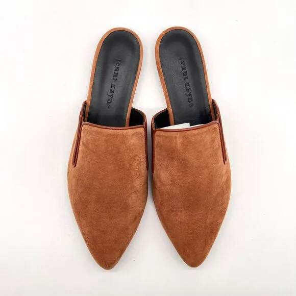 JENNI KAYNE Suede Mules Womens 38 Saddle Brown Slip on Pointy Toe Quiet Luxury