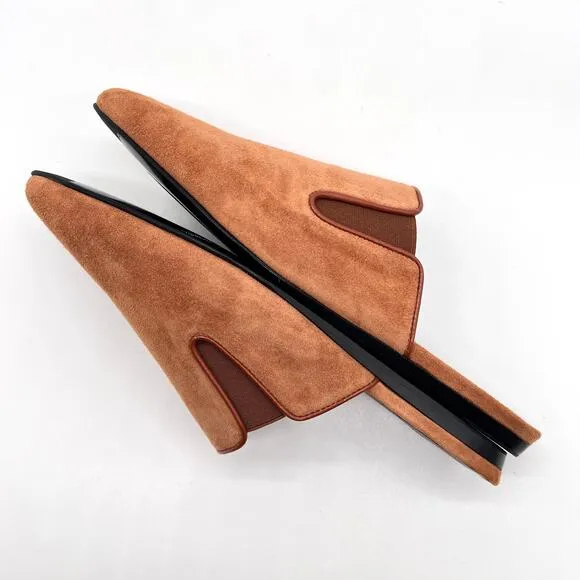 JENNI KAYNE Suede Mules Womens 38 Saddle Brown Slip on Pointy Toe Quiet Luxury