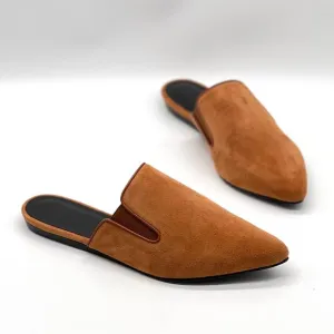 JENNI KAYNE Suede Mules Womens 38 Saddle Brown Slip on Pointy Toe Quiet Luxury