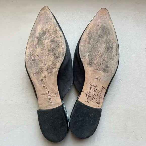 Jessica Bedard Justine Gray Kid Suede Geometric Velvet Top Flat Mules EU 36.5
