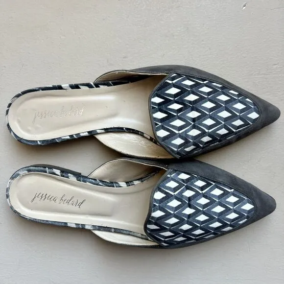 Jessica Bedard Justine Gray Kid Suede Geometric Velvet Top Flat Mules EU 36.5