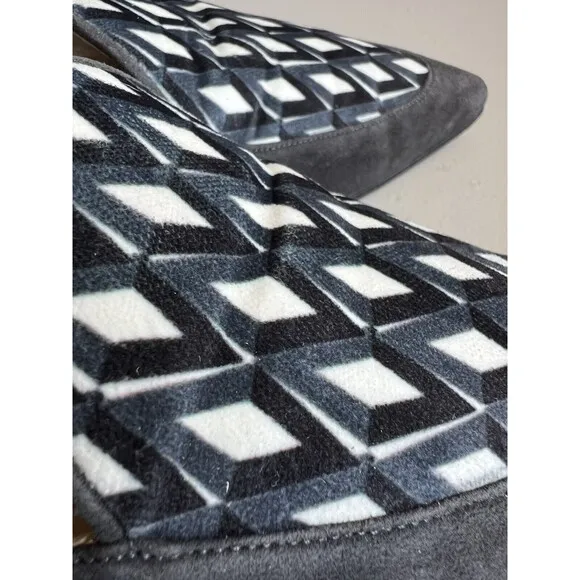 Jessica Bedard Justine Gray Kid Suede Geometric Velvet Top Flat Mules EU 36.5