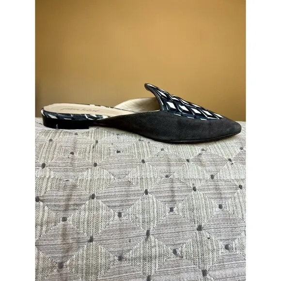Jessica Bedard Justine Gray Kid Suede Geometric Velvet Top Flat Mules EU 36.5