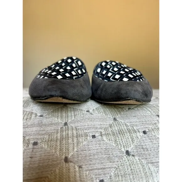 Jessica Bedard Justine Gray Kid Suede Geometric Velvet Top Flat Mules EU 36.5