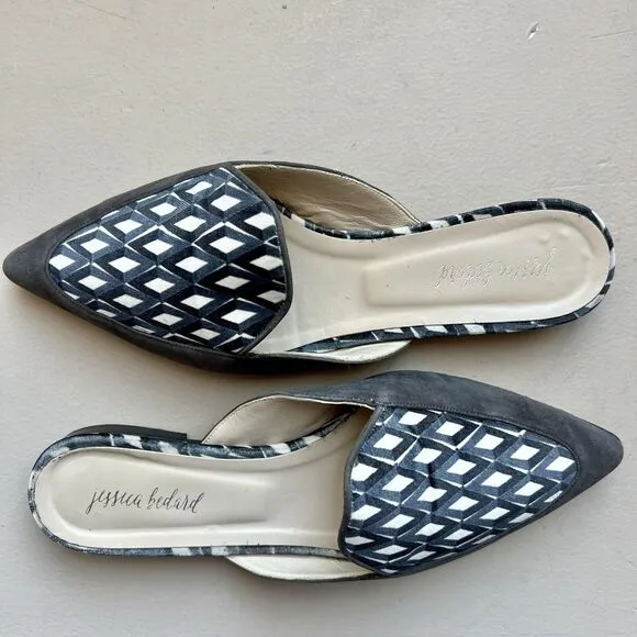 Jessica Bedard Justine Gray Kid Suede Geometric Velvet Top Flat Mules EU 36.5