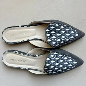 Jessica Bedard Justine Gray Kid Suede Geometric Velvet Top Flat Mules EU 36.5