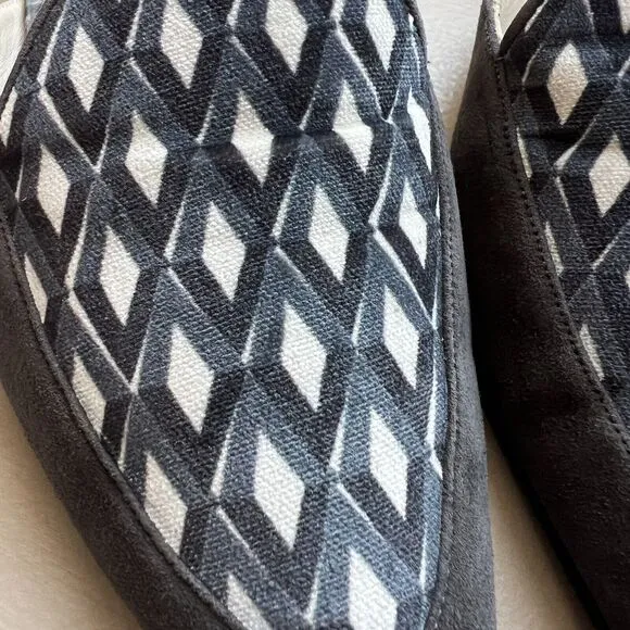 Jessica Bedard Justine Gray Kid Suede Geometric Velvet Top Flat Mules EU 36.5