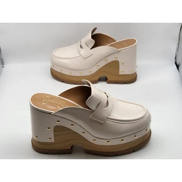 Jessica Simpson JS-Hunyie Platform Mules Clogs Studded Cream Faux Leather Womens