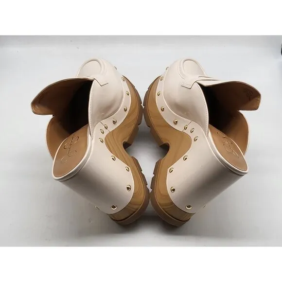 Jessica Simpson JS-Hunyie Platform Mules Clogs Studded Cream Faux Leather Womens