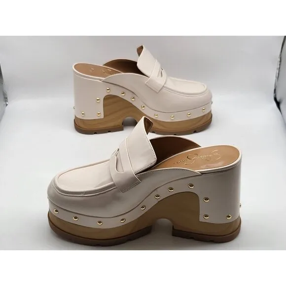 Jessica Simpson JS-Hunyie Platform Mules Clogs Studded Cream Faux Leather Womens