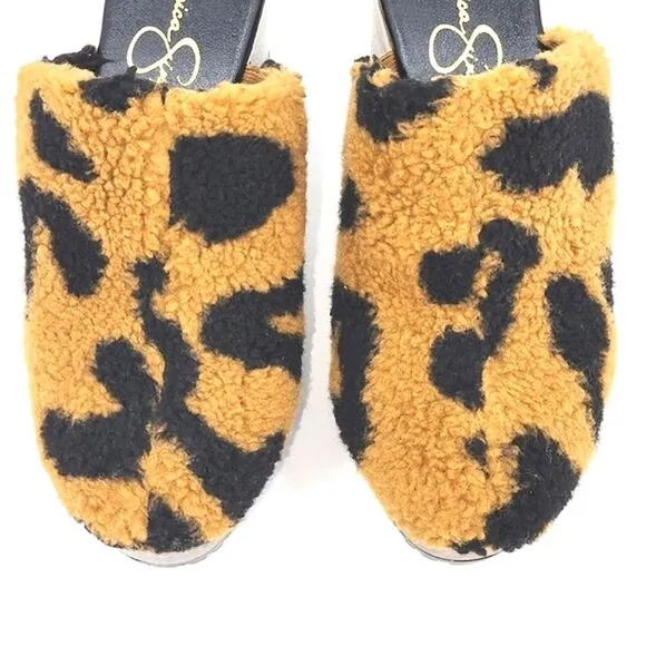 Jessica Simpson Tollia Clog  Mules Faux Shearling Leopard Print Women's Size 6