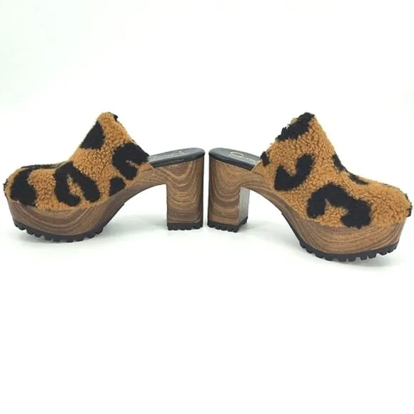 Jessica Simpson Tollia Clog  Mules Faux Shearling Leopard Print Women's Size 6