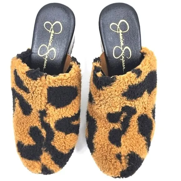 Jessica Simpson Tollia Clog  Mules Faux Shearling Leopard Print Women's Size 6