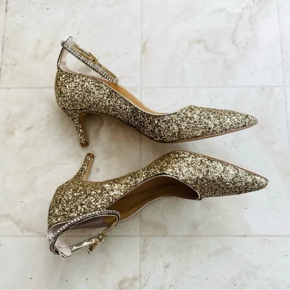 Jewel Badgley Mischka Jamila Gold Glitter Pointed Toe Kitten Heels size 9