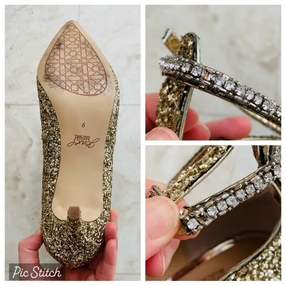 Jewel Badgley Mischka Jamila Gold Glitter Pointed Toe Kitten Heels size 9