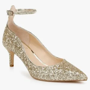 Jewel Badgley Mischka Jamila Gold Glitter Pointed Toe Kitten Heels size 9