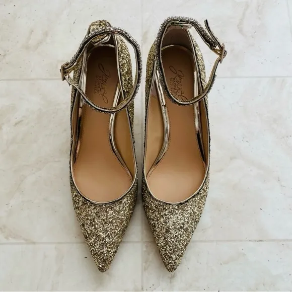 Jewel Badgley Mischka Jamila Gold Glitter Pointed Toe Kitten Heels size 9