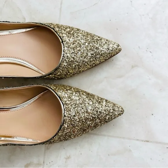 Jewel Badgley Mischka Jamila Gold Glitter Pointed Toe Kitten Heels size 9