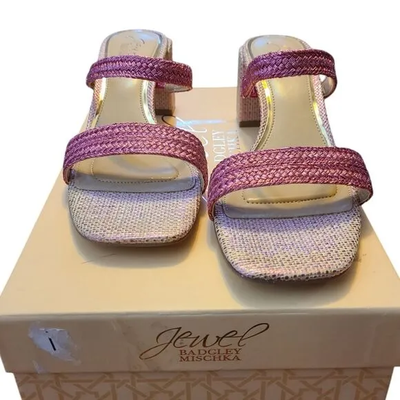 Jewel Badgley Mischka Women's Pink Raffia Heat Textured Block Heel Mule Sz 6.5