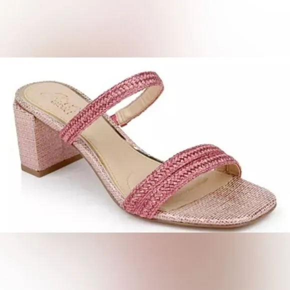 Jewel Badgley Mischka Women's Pink Raffia Heat Textured Block Heel Mule Sz 6.5