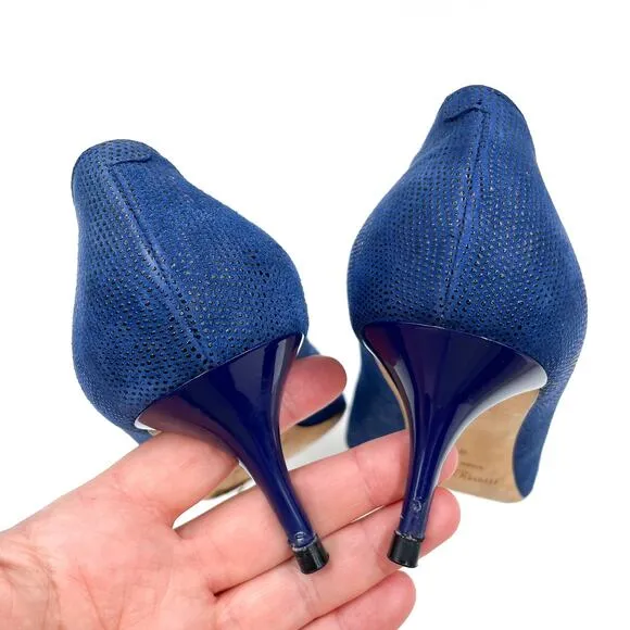 Jimmy Choo Allure Pumps Navy Blue Kitten Heels Textured Pointed Sz 39.5 / 9.5
