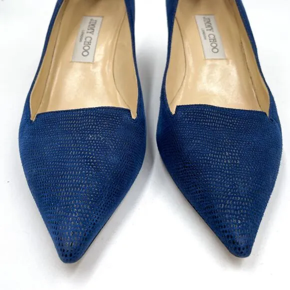 Jimmy Choo Allure Pumps Navy Blue Kitten Heels Textured Pointed Sz 39.5 / 9.5