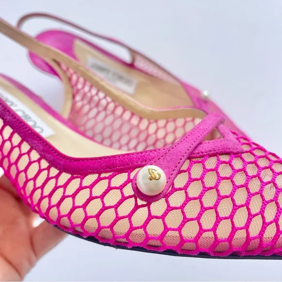 Jimmy Choo Amita Pink Mesh Slingback Kitten Heels with pearls