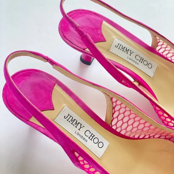 Jimmy Choo Amita Pink Mesh Slingback Kitten Heels with pearls