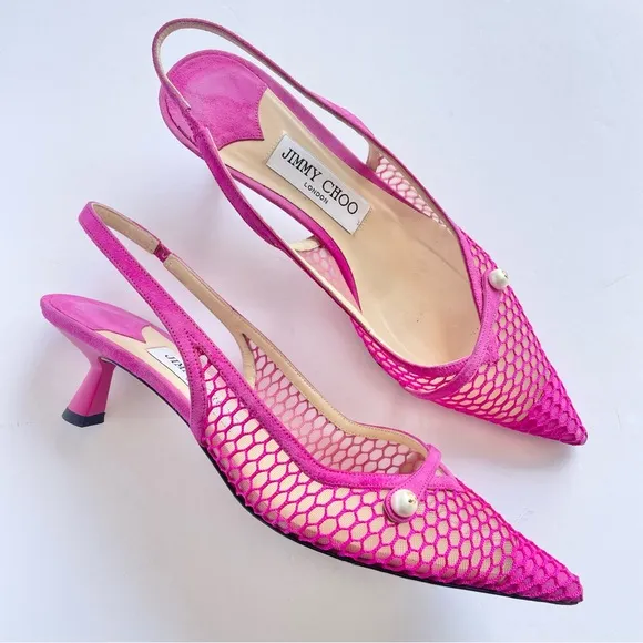 Jimmy Choo Amita Pink Mesh Slingback Kitten Heels with pearls