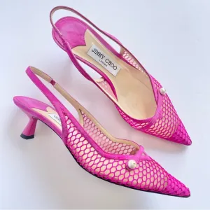 Jimmy Choo Amita Pink Mesh Slingback Kitten Heels with pearls