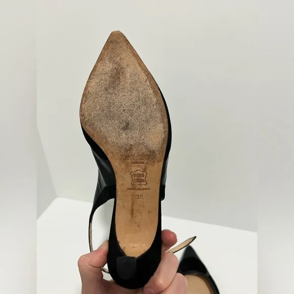 Jimmy Choo black patent leather and suede sling back kitten heel size 38/8