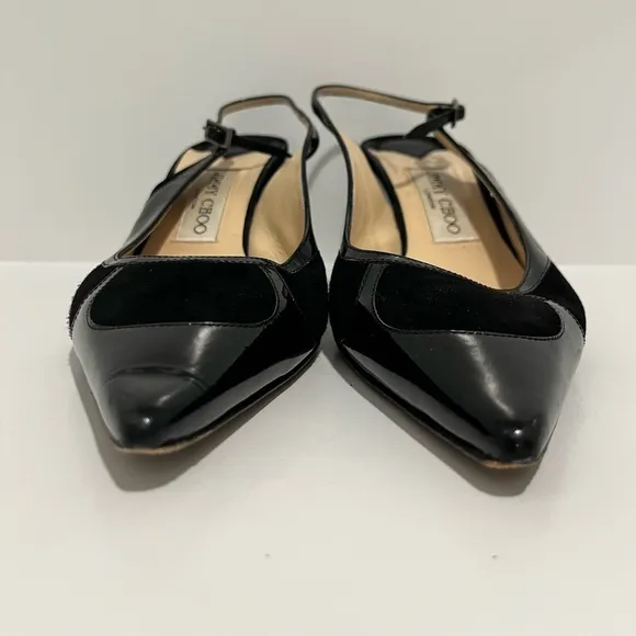 Jimmy Choo black patent leather and suede sling back kitten heel size 38/8