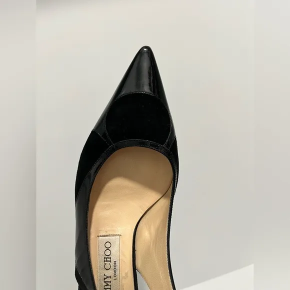 Jimmy Choo black patent leather and suede sling back kitten heel size 38/8