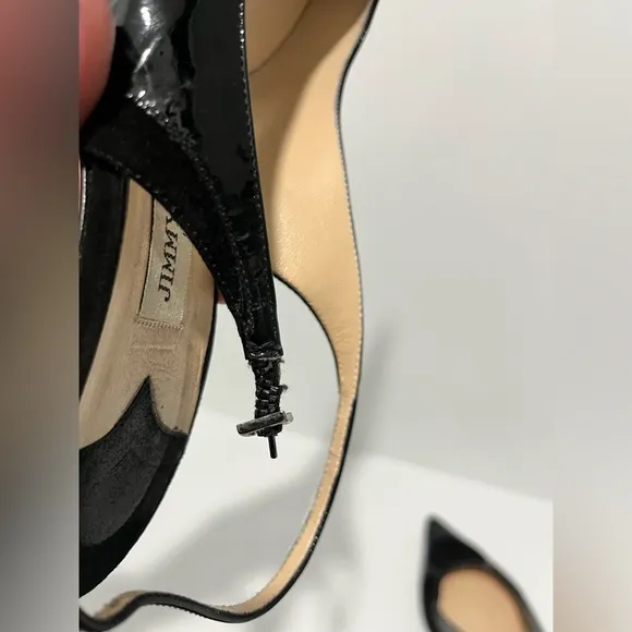Jimmy Choo black patent leather and suede sling back kitten heel size 38/8
