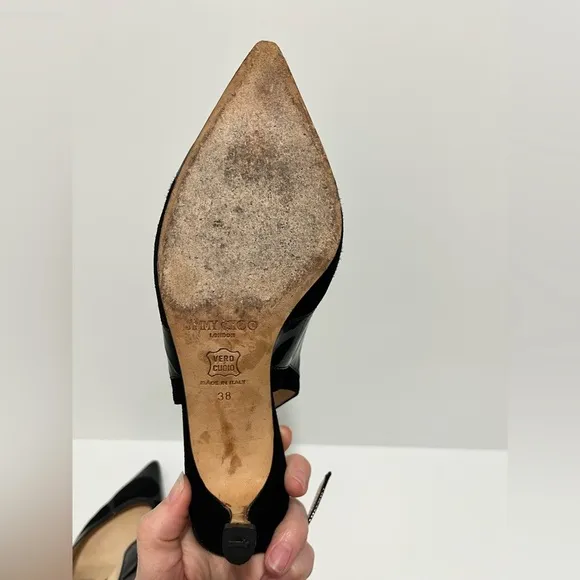 Jimmy Choo black patent leather and suede sling back kitten heel size 38/8