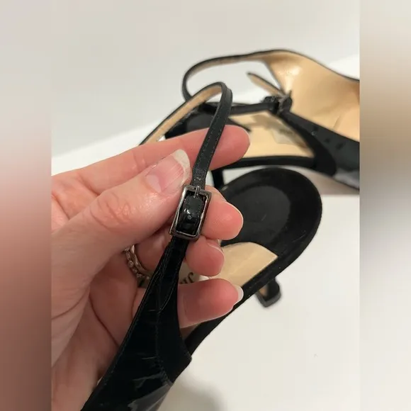 Jimmy Choo black patent leather and suede sling back kitten heel size 38/8