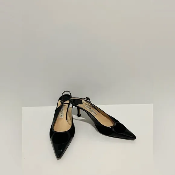 Jimmy Choo black patent leather and suede sling back kitten heel size 38/8