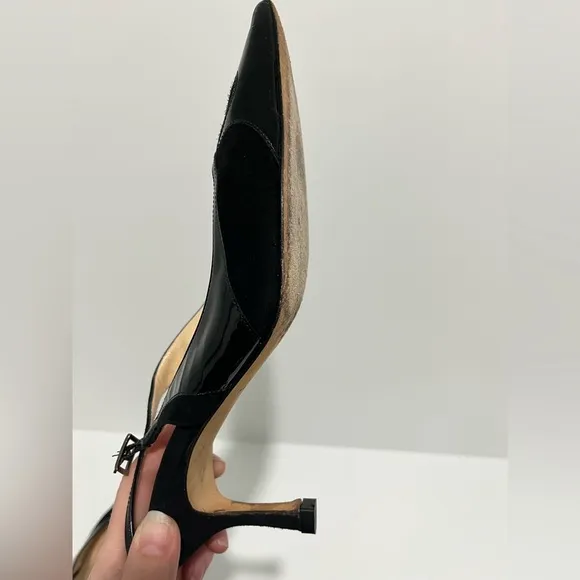 Jimmy Choo black patent leather and suede sling back kitten heel size 38/8