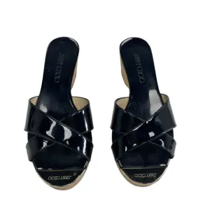 Jimmy Choo Black Patent Leather Panna Cork Wedge Mules Size 36 / US 6