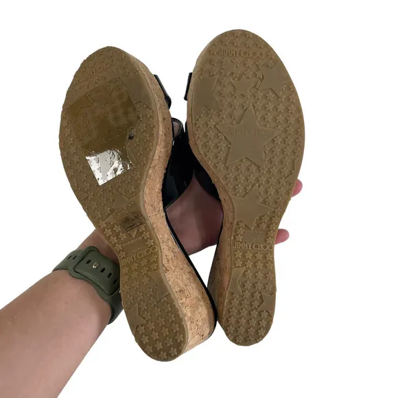 Jimmy Choo Black Patent Leather Panna Cork Wedge Mules Size 36 / US 6