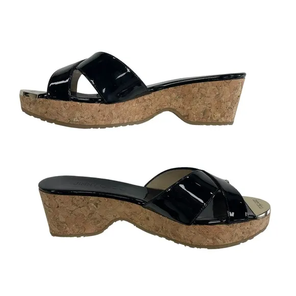 Jimmy Choo Black Patent Leather Panna Cork Wedge Mules Size 36 / US 6