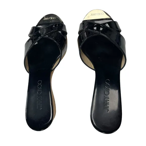 Jimmy Choo Black Patent Leather Panna Cork Wedge Mules Size 36 / US 6