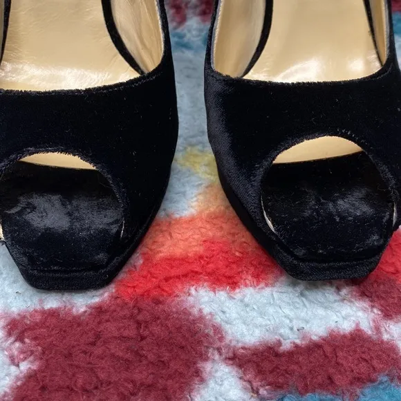 Jimmy Choo black velvet peep toe slingback stiletto heels