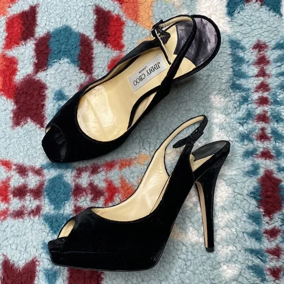 Jimmy Choo black velvet peep toe slingback stiletto heels