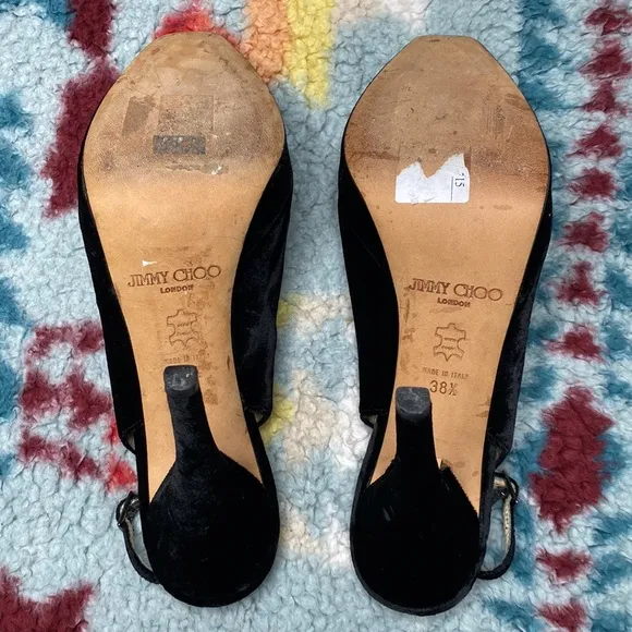 Jimmy Choo black velvet peep toe slingback stiletto heels