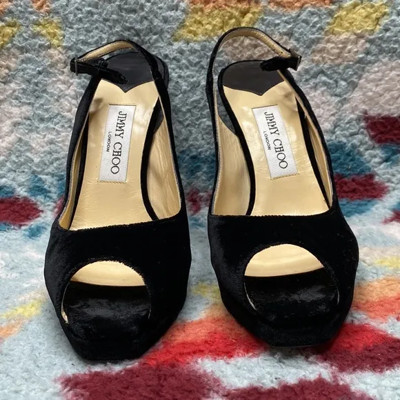 Jimmy Choo black velvet peep toe slingback stiletto heels