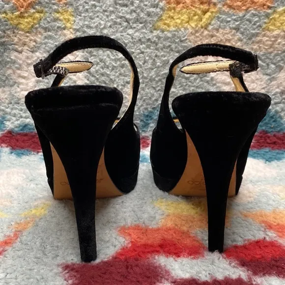 Jimmy Choo black velvet peep toe slingback stiletto heels