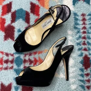 Jimmy Choo black velvet peep toe slingback stiletto heels