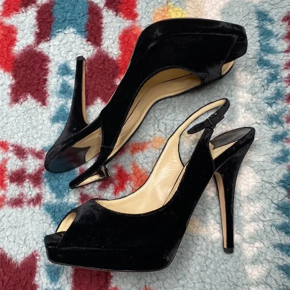 Jimmy Choo black velvet peep toe slingback stiletto heels