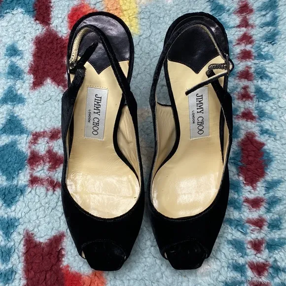 Jimmy Choo black velvet peep toe slingback stiletto heels